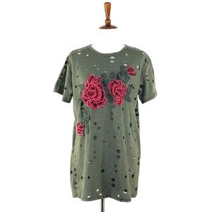 Local Lab Olive Green Rose Applique Destroyed Tee